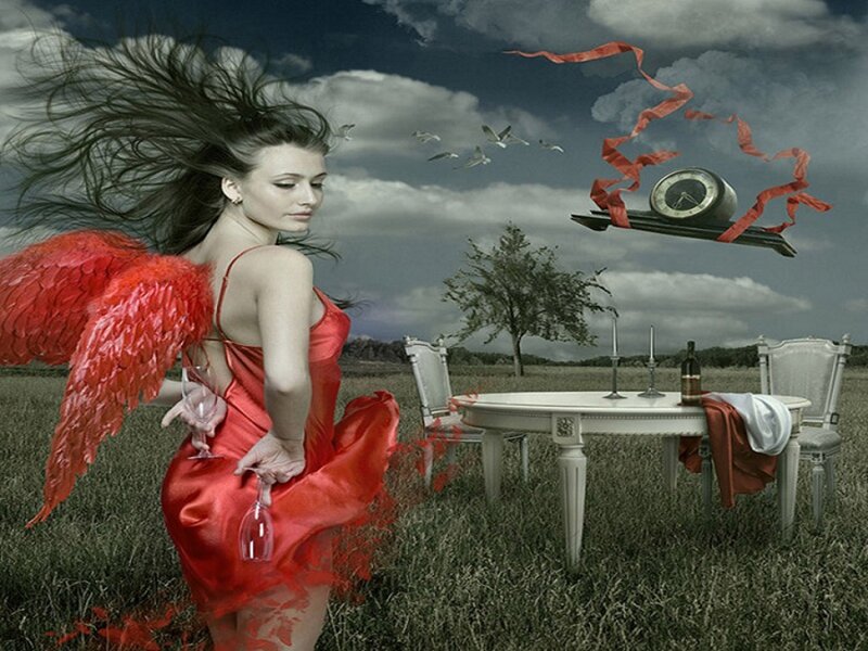 Woman with Red Wings — Dramatic, Afternoon