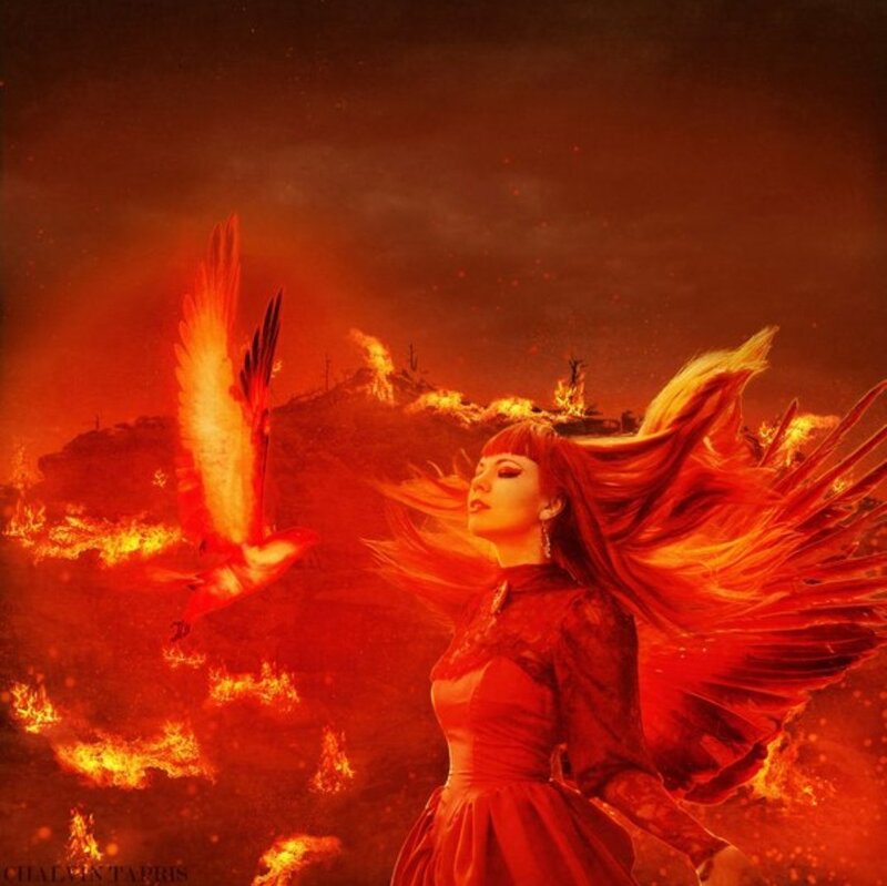 Woman with Red Wings — Dramatic, Digital Art, Bird