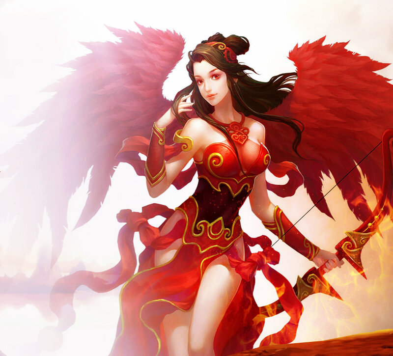 Woman with Red Wings — Dramatic, Digital Art, Bow