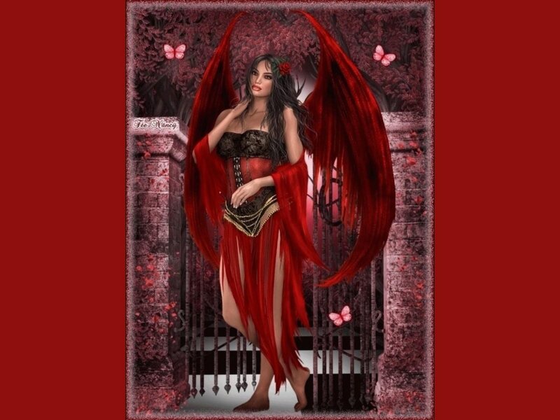 Woman with Red Wings — Dramatic, Digital Art, Butterflies