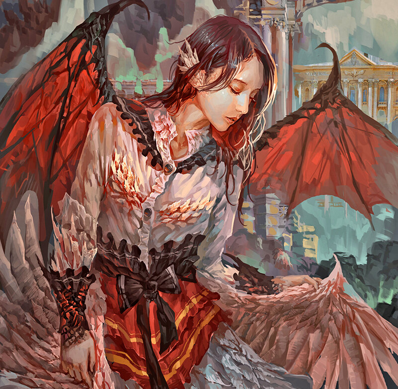Woman with Red Wings — Dramatic, Digital Art, Castle
