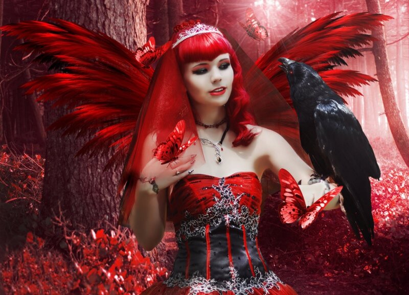 Woman with Red Wings — Dramatic, Digital Art, Crow