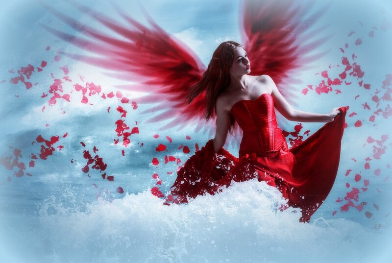Woman with Red Wings — Dramatic, Digital Art, Dress, Rose Petals