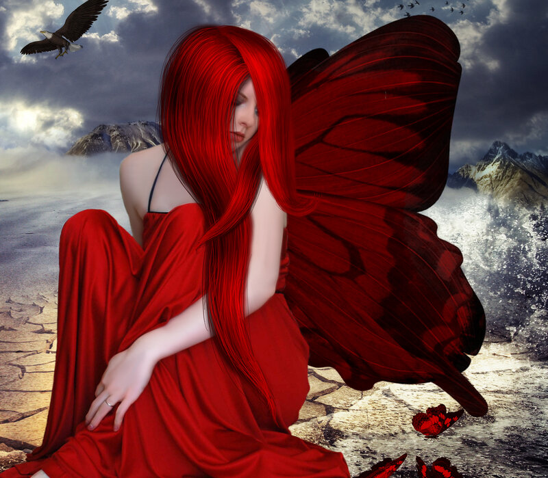 Woman with Red Wings — Dramatic, Digital Art, Eagle
