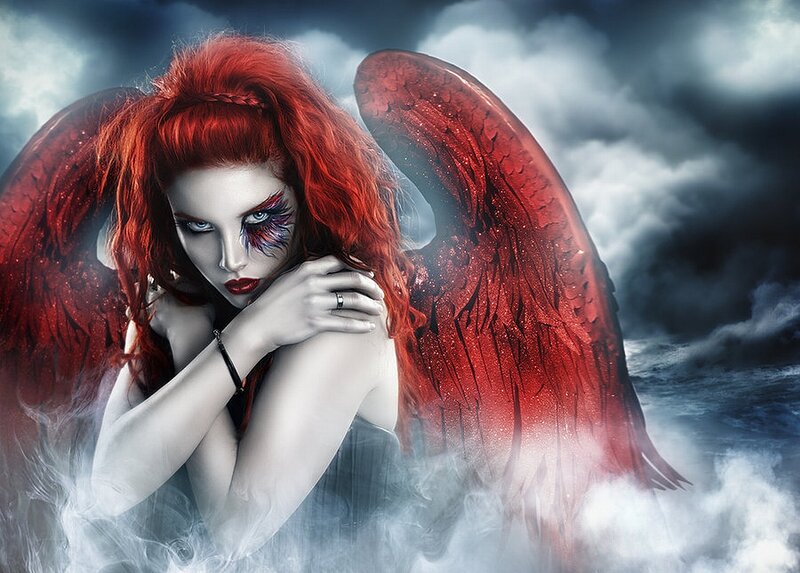 Woman with Red Wings — Dramatic, Digital Art, Makeup, Clouds