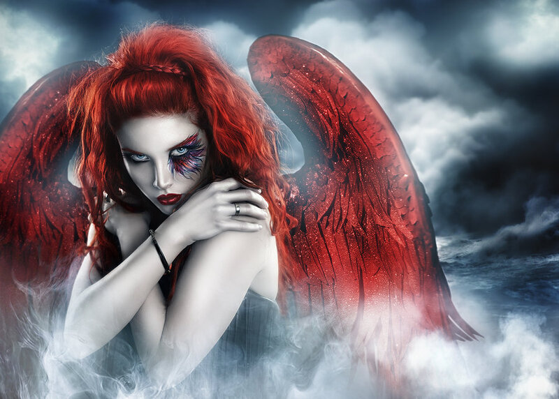 Woman with Red Wings — Dramatic, Digital Art, Makeup