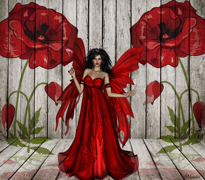Woman with Red Wings — Dramatic, Digital Art, Red Flowers