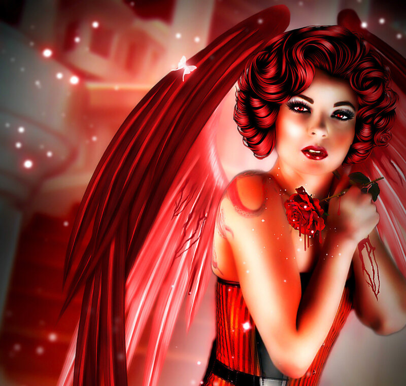 Woman with Red Wings — Dramatic, Digital Art, Red Rose