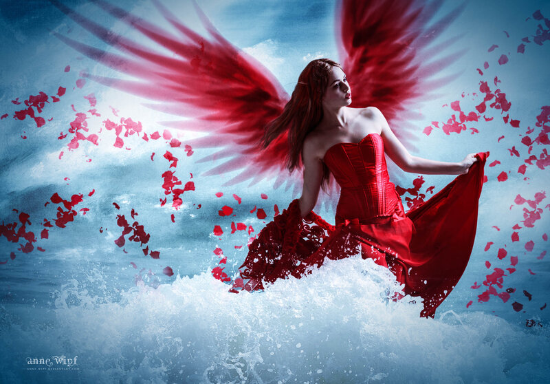 Woman with Red Wings — Dramatic, Digital Art, Rose Petals