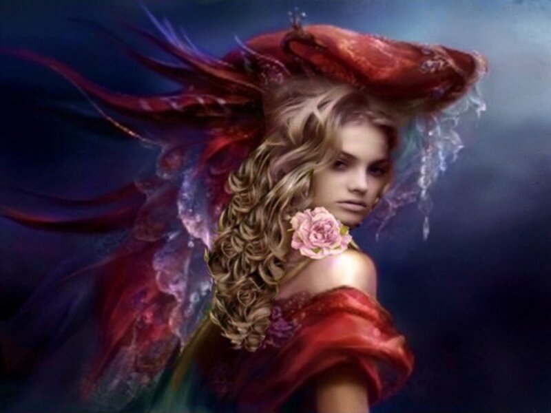 Woman with Red Wings — Dramatic, Digital Art, Rose