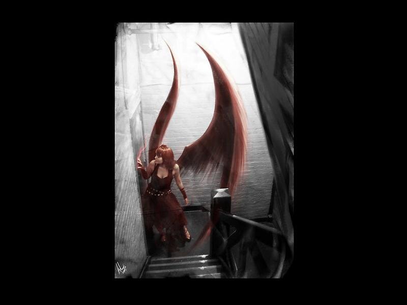 Woman with Red Wings — Dramatic, Digital Art, Stairs