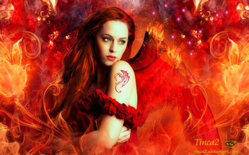 Woman with Red Wings — Dramatic, Digital Art, Tattoo