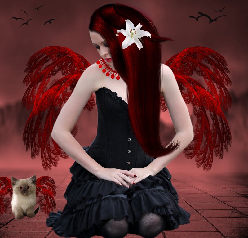 Woman with Red Wings — Dramatic, Digital Art, White Flower