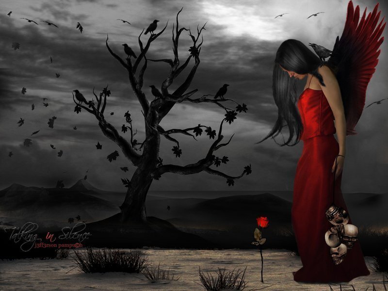 Woman with Red Wings — Dramatic, Night, Digital Art, Crows