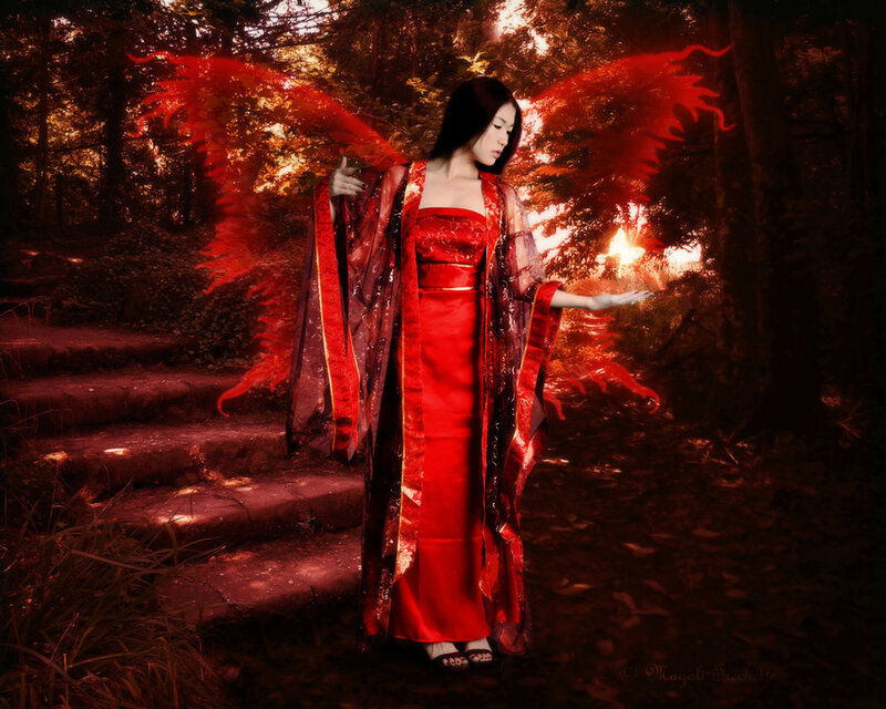 Woman with Red Wings — Dramatic, Night, Digital Art, Forest