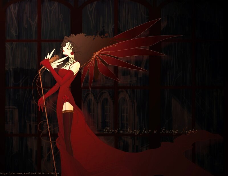 Woman with Red Wings — Dramatic, Night, Digital Art, Microphone