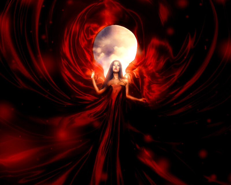 Woman with Red Wings — Dramatic, Night, Digital Art, Moon