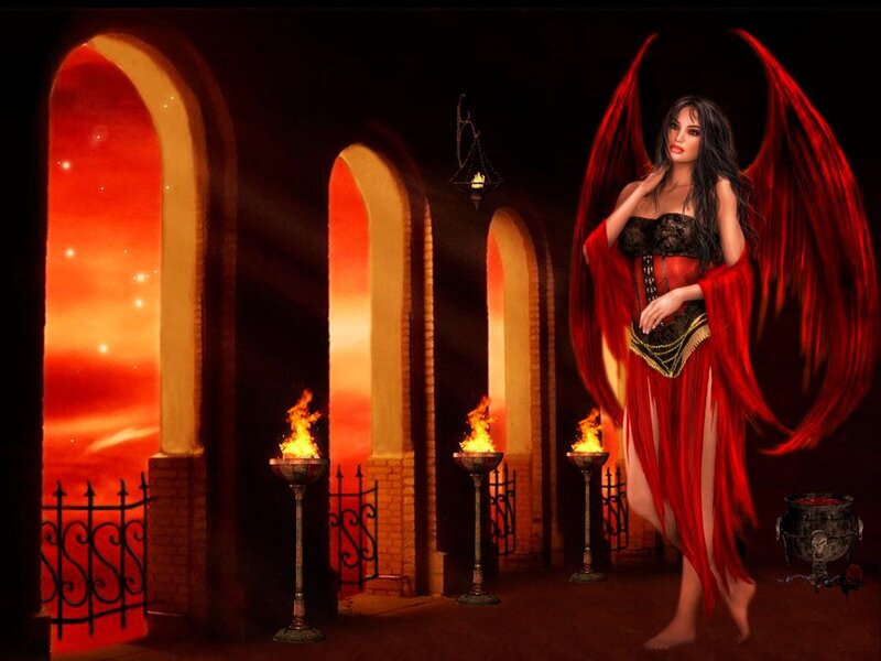 Woman with Red Wings — Dramatic, Night, Digital Art, Torches