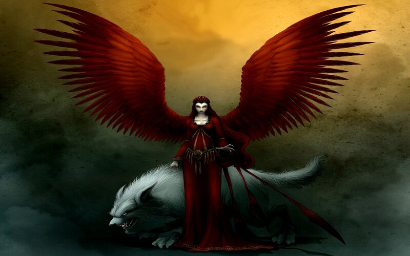 Woman with Red Wings — Dramatic, Night, Digital Art, Wolf