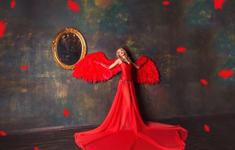 Woman with Red Wings — Dramatic, Photograph, Mirror