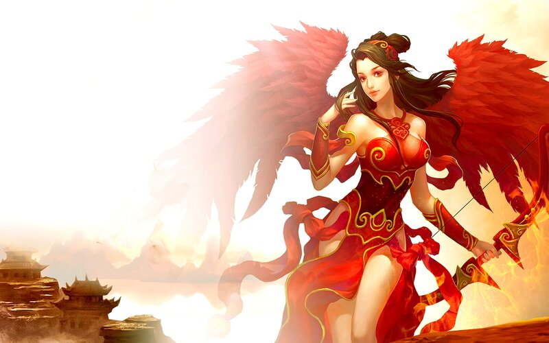 Woman with Red Wings — Dramatic, Sunset, Digital Art, Bow