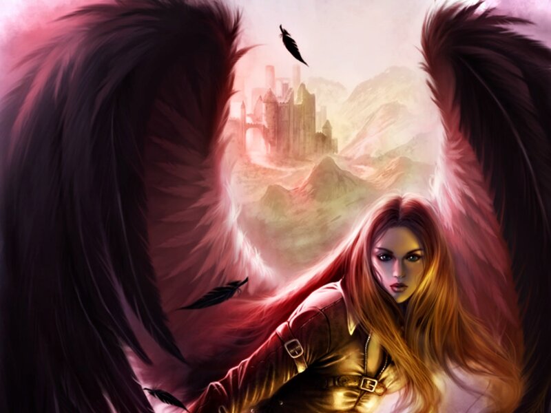 Woman with Red Wings — Dramatic, Sunset, Digital Art, Castle