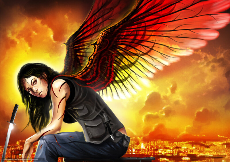 Woman with Red Wings — Dramatic, Sunset, Digital Art, Sword