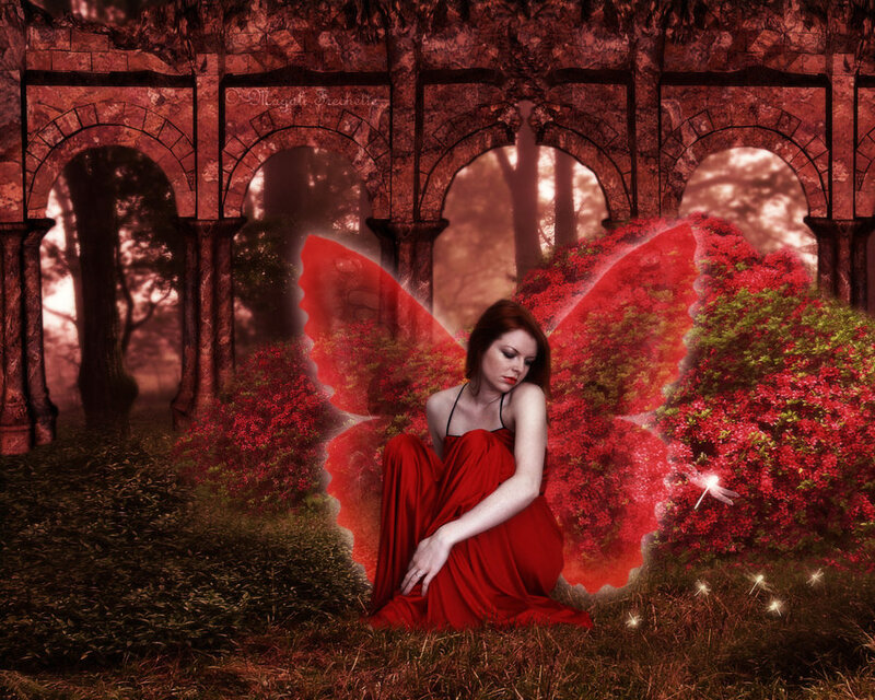 Woman with Red Wings — Dramatic, Sunset
