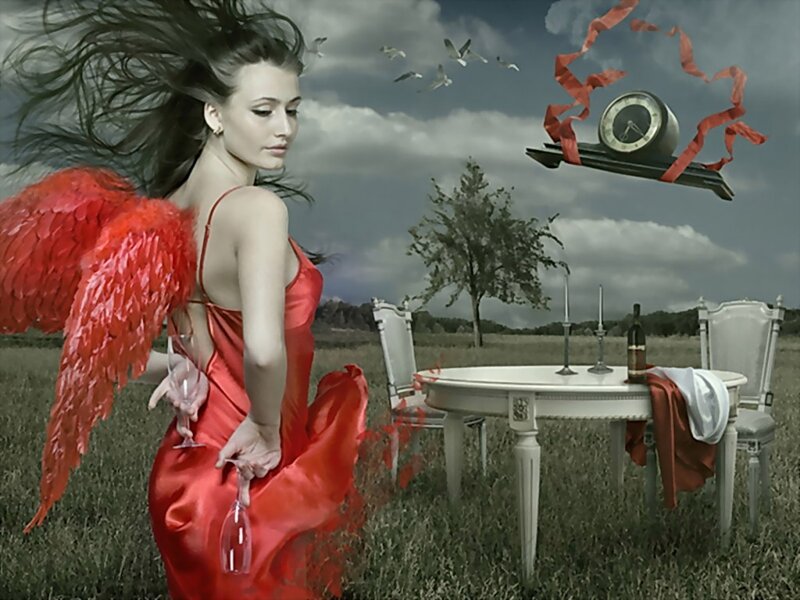 woman with red wings in field