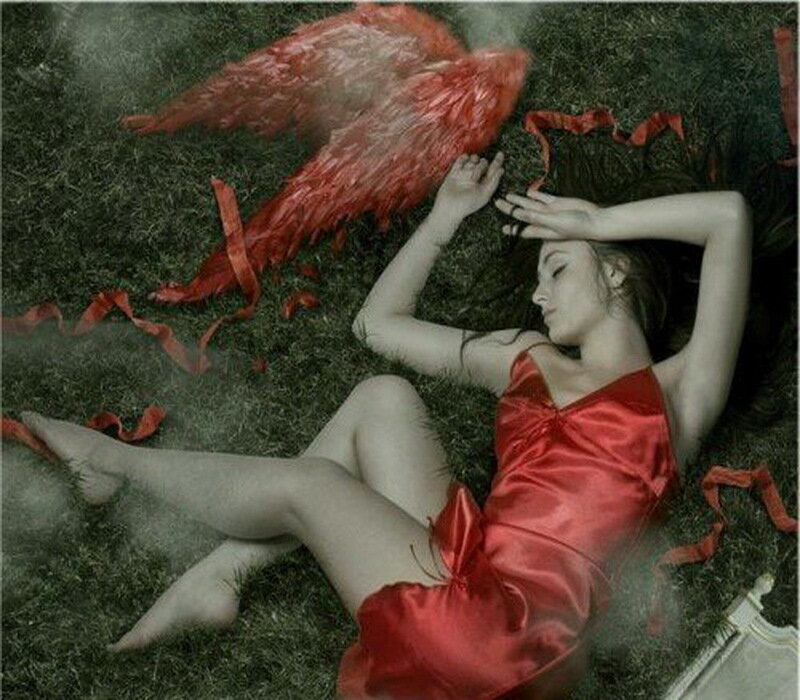 woman with red wings lying on grass