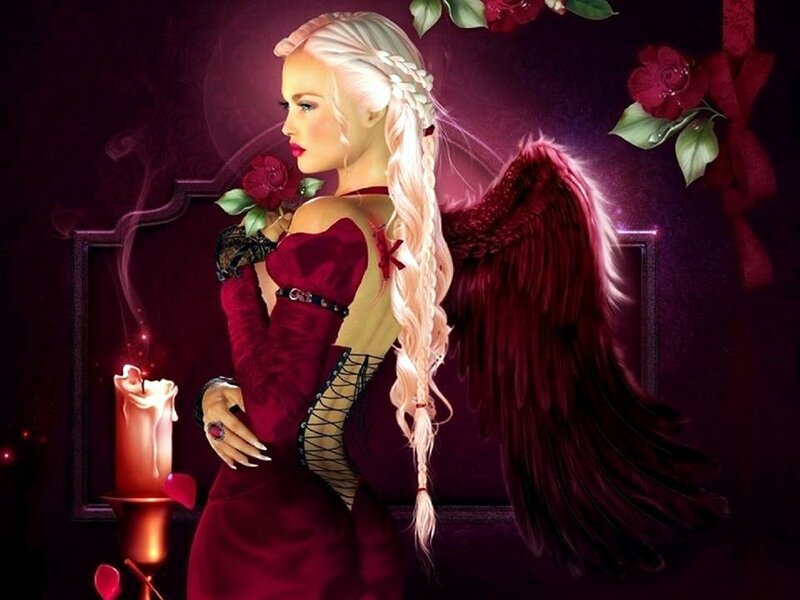 Woman with Red Wings — Purple, Dramatic, Night