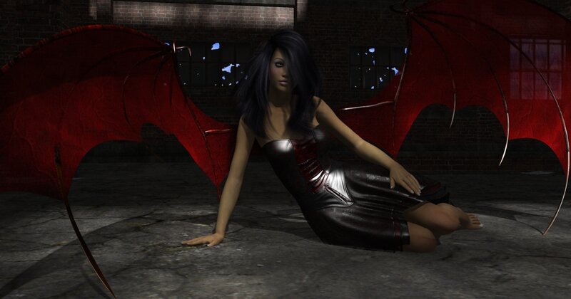 woman with red wings sitting