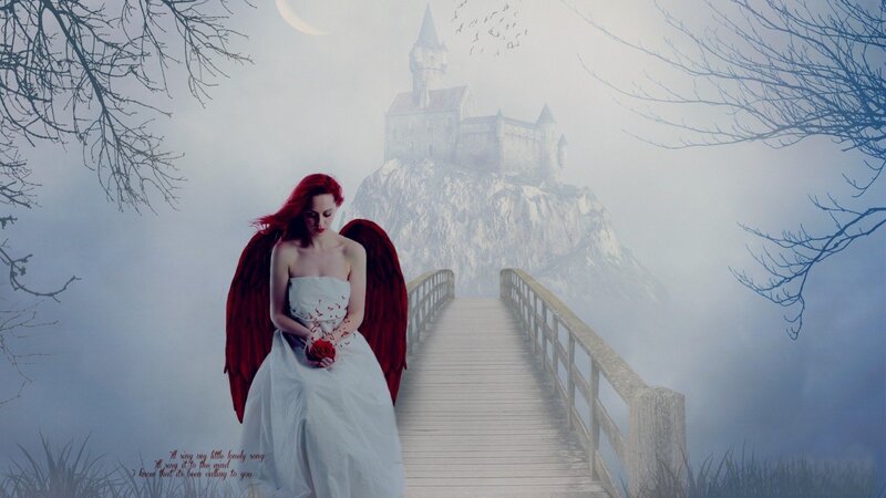 Woman with Red Wings — White, Dramatic