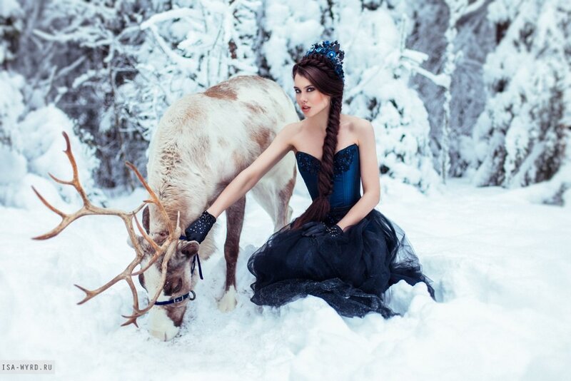 Woman with Reindeer — Black, Dramatic
