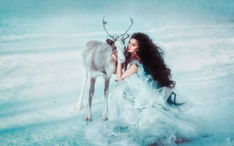Woman with Reindeer — Blue, Serene