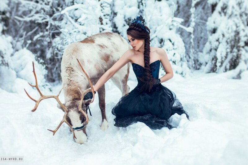 Woman with Reindeer in Snow — White