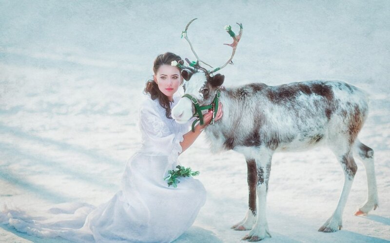 Woman with Reindeer — White, Serene, Winter, Photograph