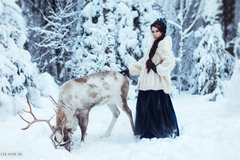 Woman with Reindeer — White, Serene, Winter
