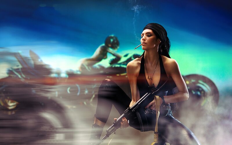 woman with rifle and cigarette