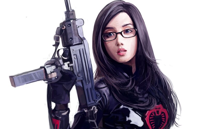 woman with rifle and glasses