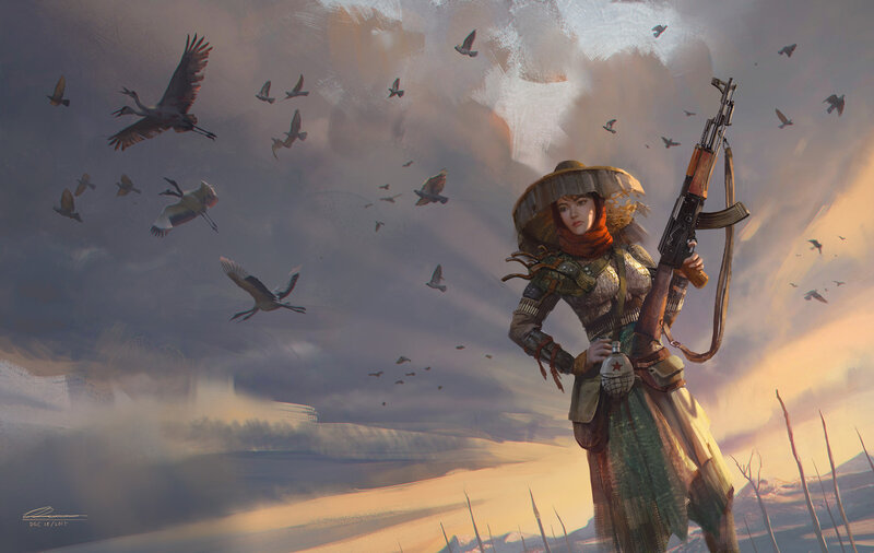 Woman with Rifle — Brown, Dramatic, Sunset