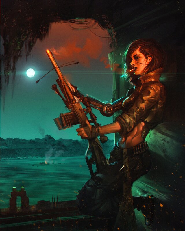 Woman with Rifle — Green, Dramatic