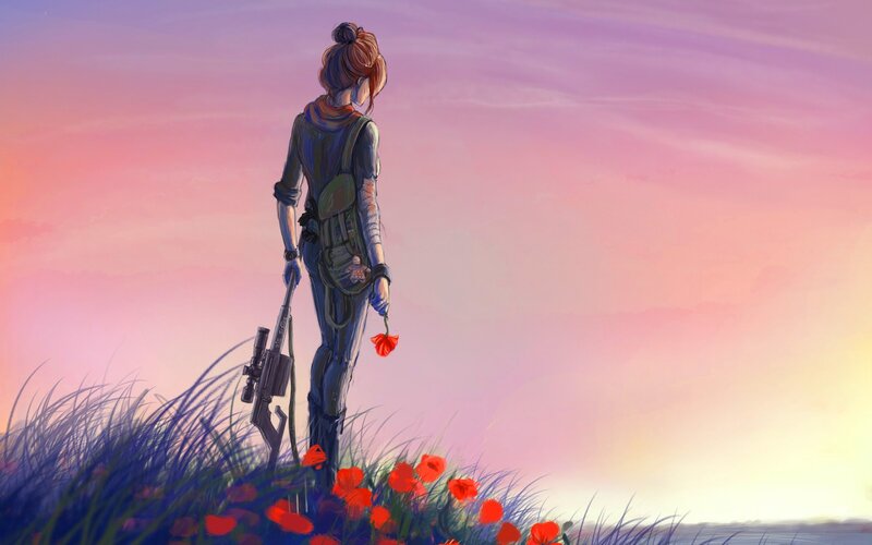 Woman with Rifle in Field