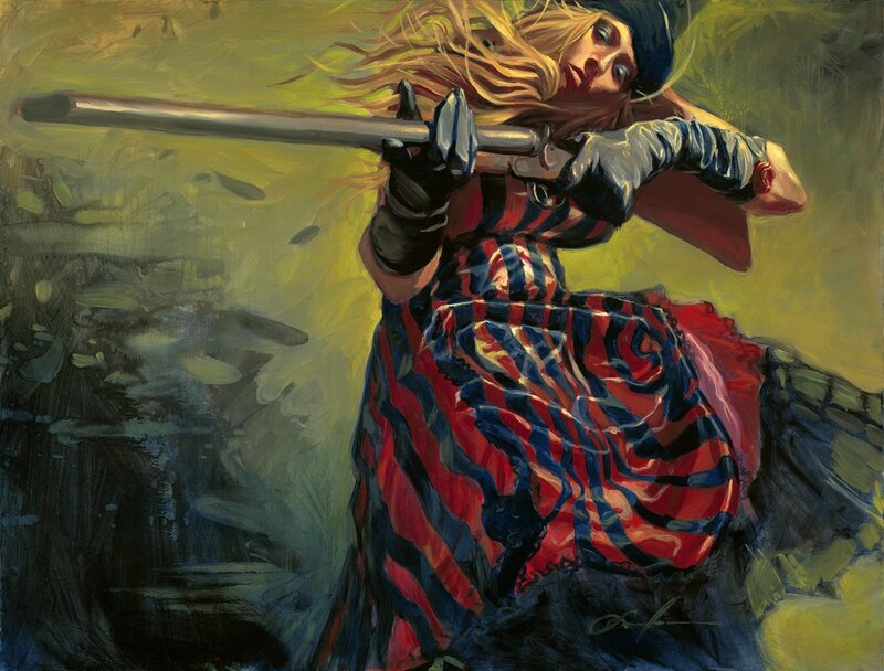 Woman with rifle in motion