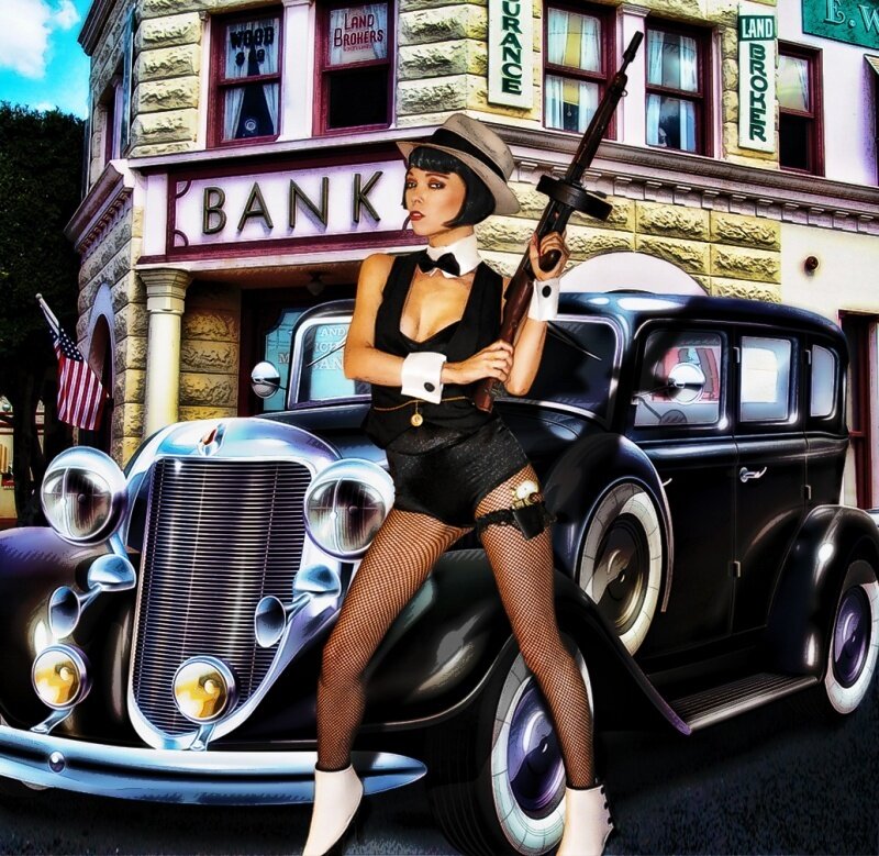Woman with Rifle on Car