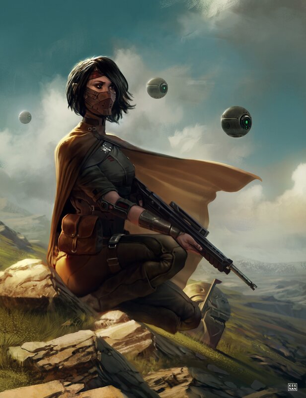 Woman with Rifle on Cliff — Brown