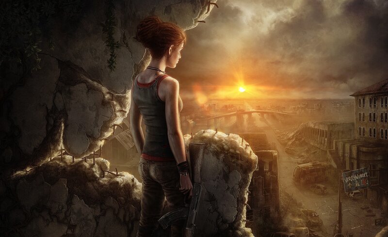 Woman with Rifle on Cliff