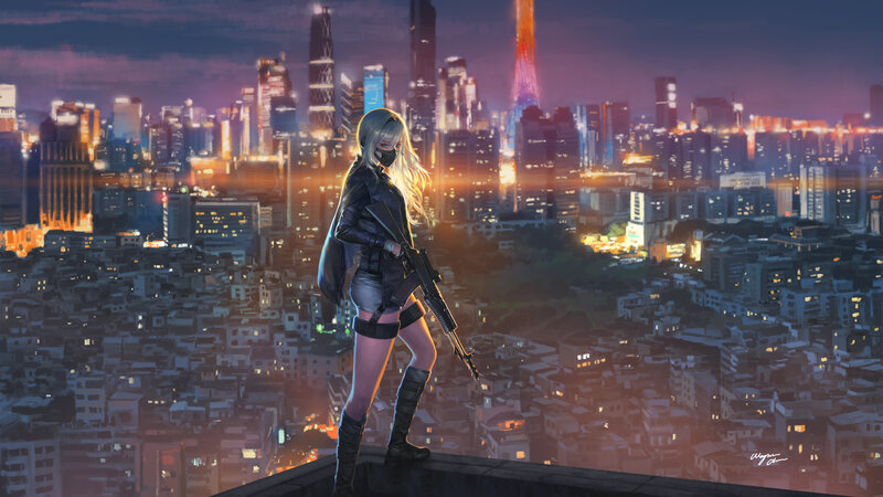 Woman with Rifle on Rooftop