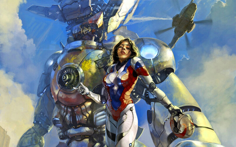Woman with Robot — Blue, Dramatic
