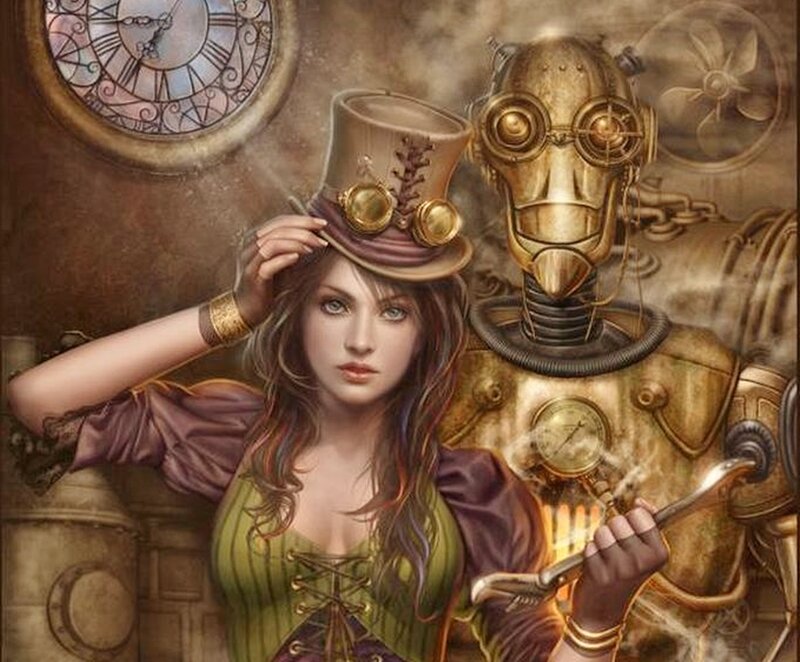Woman with Robot Companion — Brown, Dramatic